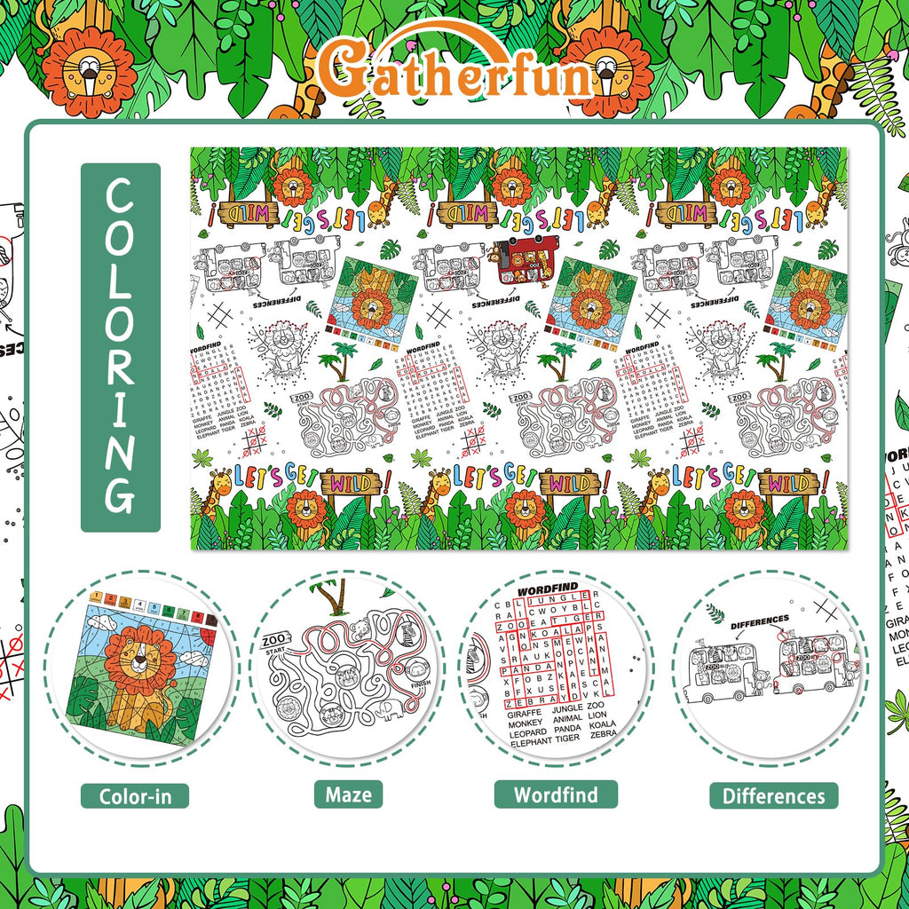 Gatherfun 2-Pack Safari Jungle Coloring Tablecloth – Interactive Activity Paper Table Cover for Kids