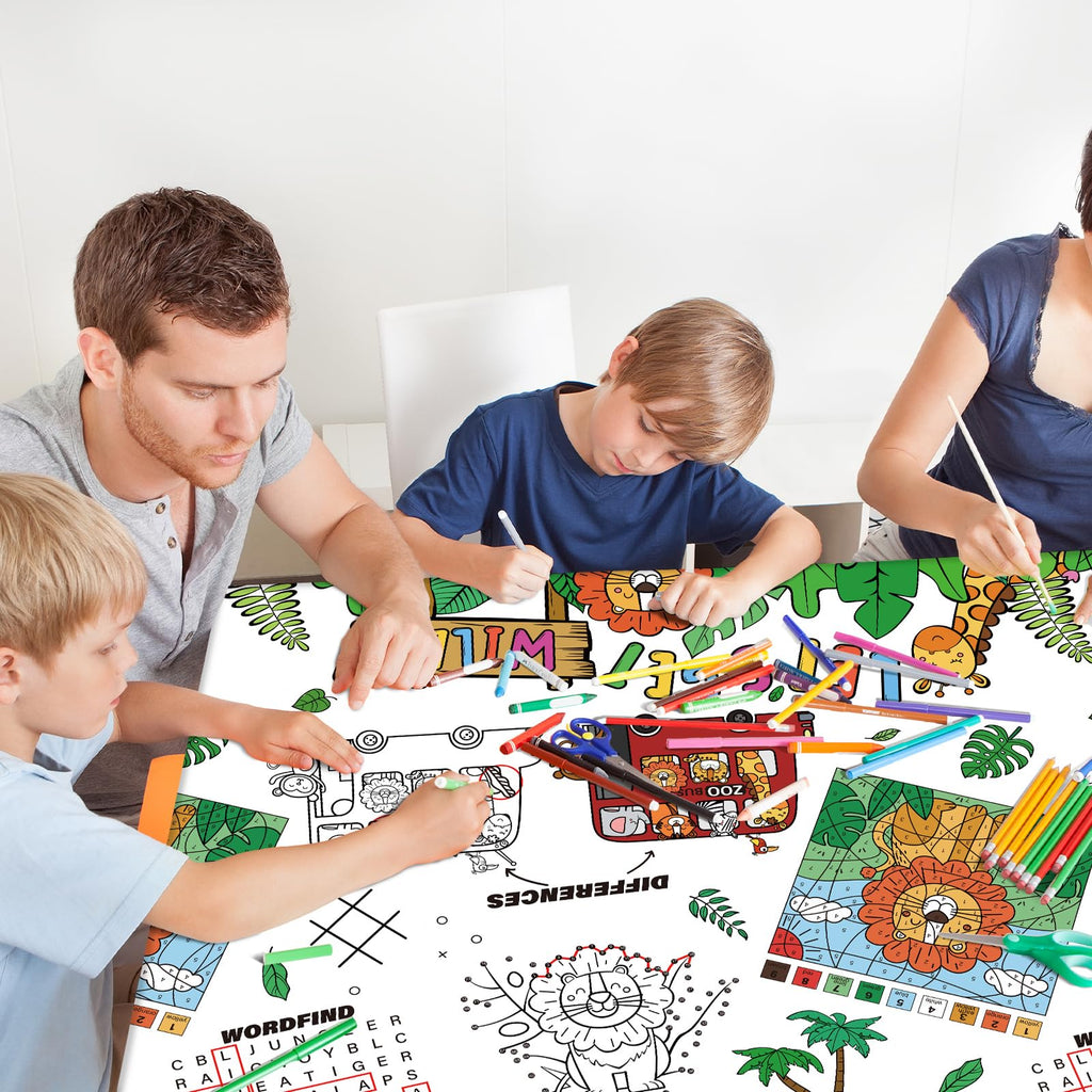 Gatherfun 2-Pack Safari Jungle Coloring Tablecloth – Interactive Activity Paper Table Cover for Kids