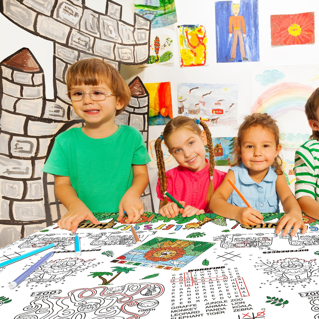 Gatherfun 2-Pack Safari Jungle Coloring Tablecloth – Interactive Activity Paper Table Cover for Kids