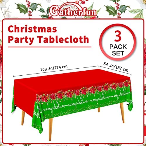 Gatherfun 3-Pack Christmas Poinsettia Disposable Plastic Tablecloth 54x108 Inches