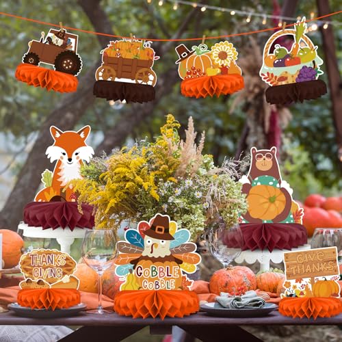 Gatherfun 9-Piece Fall Honeycomb Centerpieces Set - Thanksgiving Table Decorations, 7x7 Inches