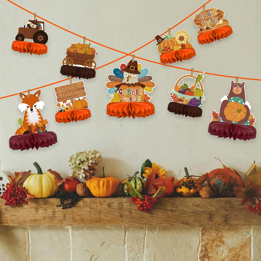 Gatherfun 9-Piece Fall Honeycomb Centerpieces Set - Thanksgiving Table Decorations, 7x7 Inches