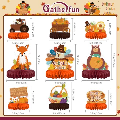 Gatherfun 9-Piece Fall Honeycomb Centerpieces Set - Thanksgiving Table Decorations, 7x7 Inches