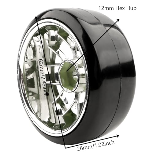 GDOOL 4-Piece 1/10 Scale Hard Plastic RC Drift Tires & Wheels with 12mm Hex – Silver (62mm x 26mm)