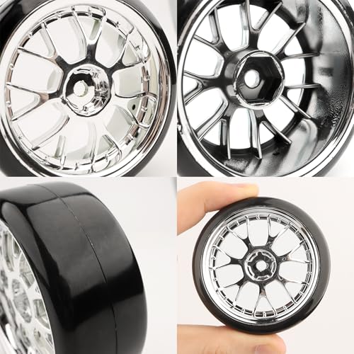 GDOOL 4-Piece 1/10 Scale Hard Plastic RC Drift Tires & Wheels with 12mm Hex – Silver (62mm x 26mm)