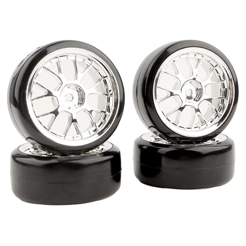 GDOOL 4-Piece 1/10 Scale Hard Plastic RC Drift Tires & Wheels with 12mm Hex – Silver (62mm x 26mm)