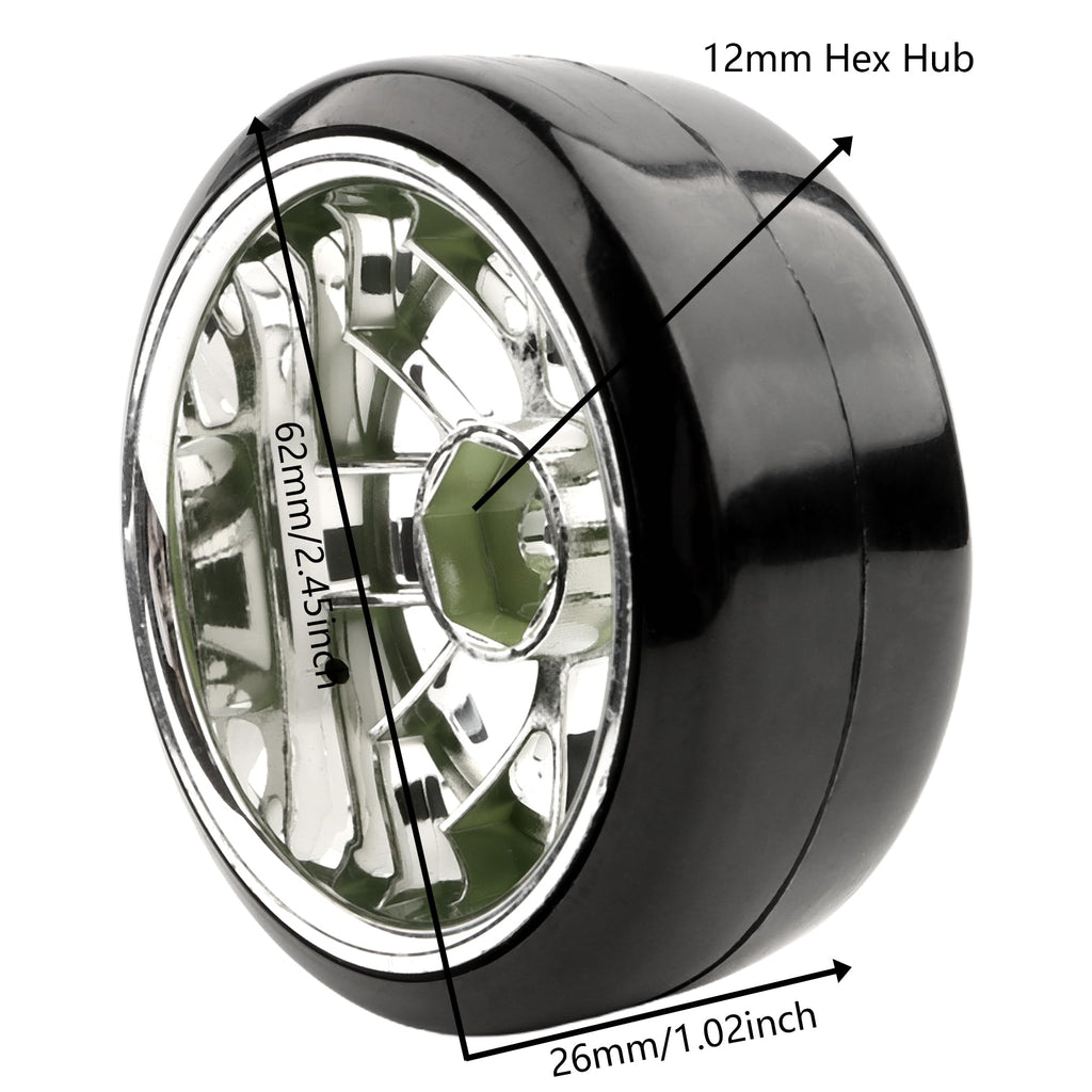 GDOOL 4-Piece 1/10 Scale Hard Plastic RC Drift Tires & Wheels with 12mm Hex – Silver (62mm x 26mm)