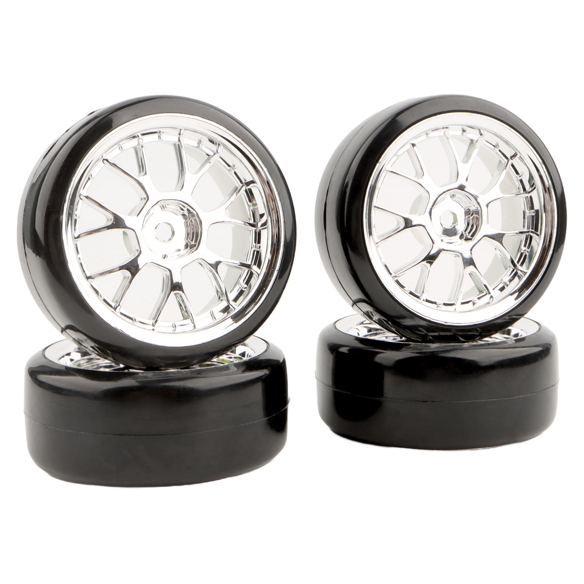 GDOOL 4-Piece 1/10 Scale Hard Plastic RC Drift Tires & Wheels with 12mm Hex – Silver (62mm x 26mm)