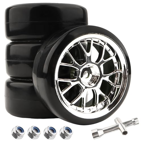 GDOOL 4-Piece 1/10 Scale Hard Plastic RC Drift Tires & Wheels with 12mm Hex – Silver (62mm x 26mm)