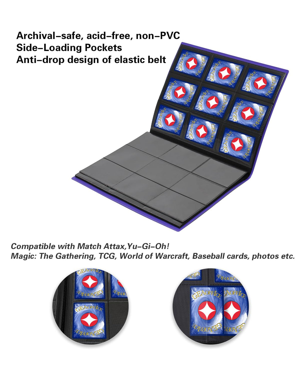 GEAoffice 9-Pocket Trading Card Binder – Holds 360 Cards, Side-Loading, PVC-Free, Purple