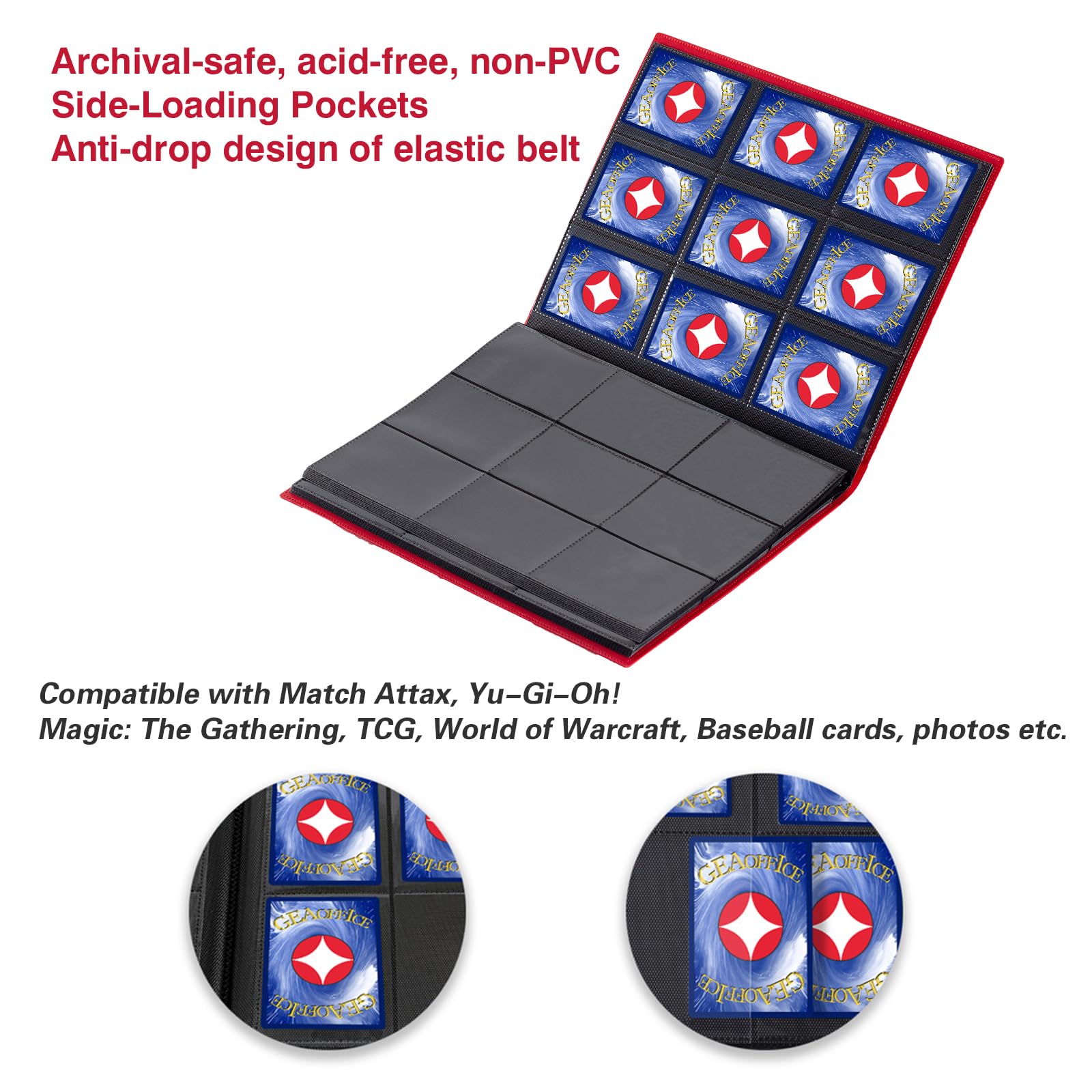 GEAoffice Red 9-Pocket Trading Card Binder – Holds 360 Cards, Side-Loading Pages, PVC-Free