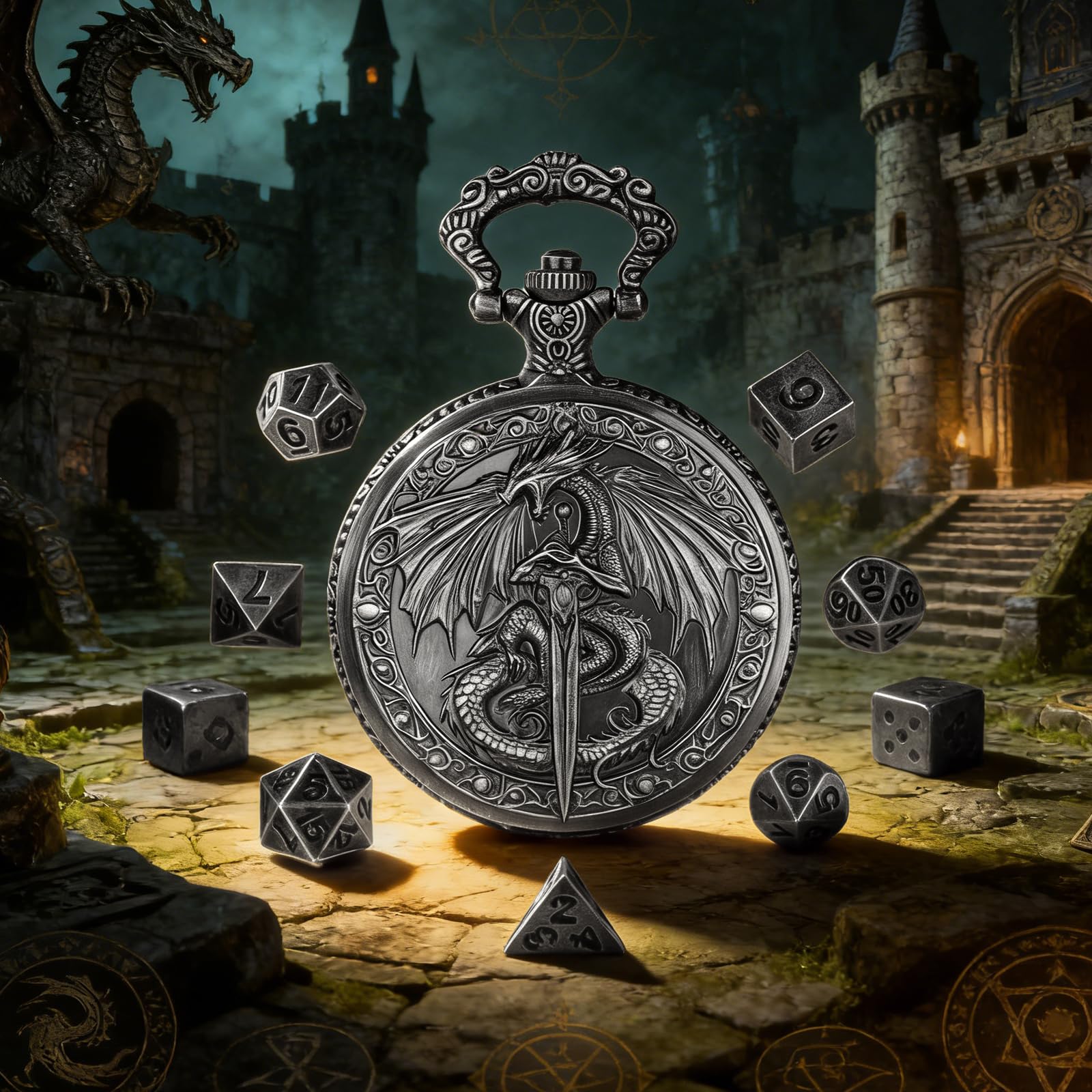 GEAoffice Vintage Dragon & Sword Pocket Watch Dice Set - Solid Metal Mini Dice for DND, RPG, Fantasy Gaming - Dungeon Master Gift