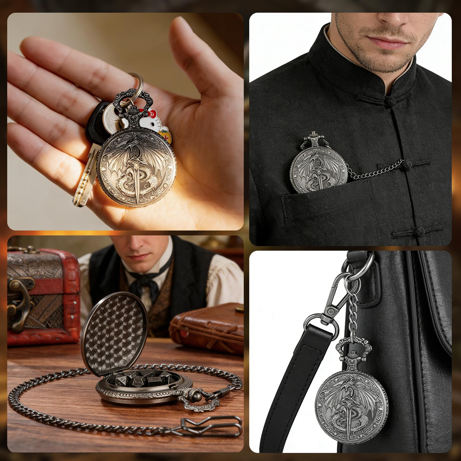 GEAoffice Vintage Dragon & Sword Pocket Watch Dice Set - Solid Metal Mini Dice for DND, RPG, Fantasy Gaming - Dungeon Master Gift