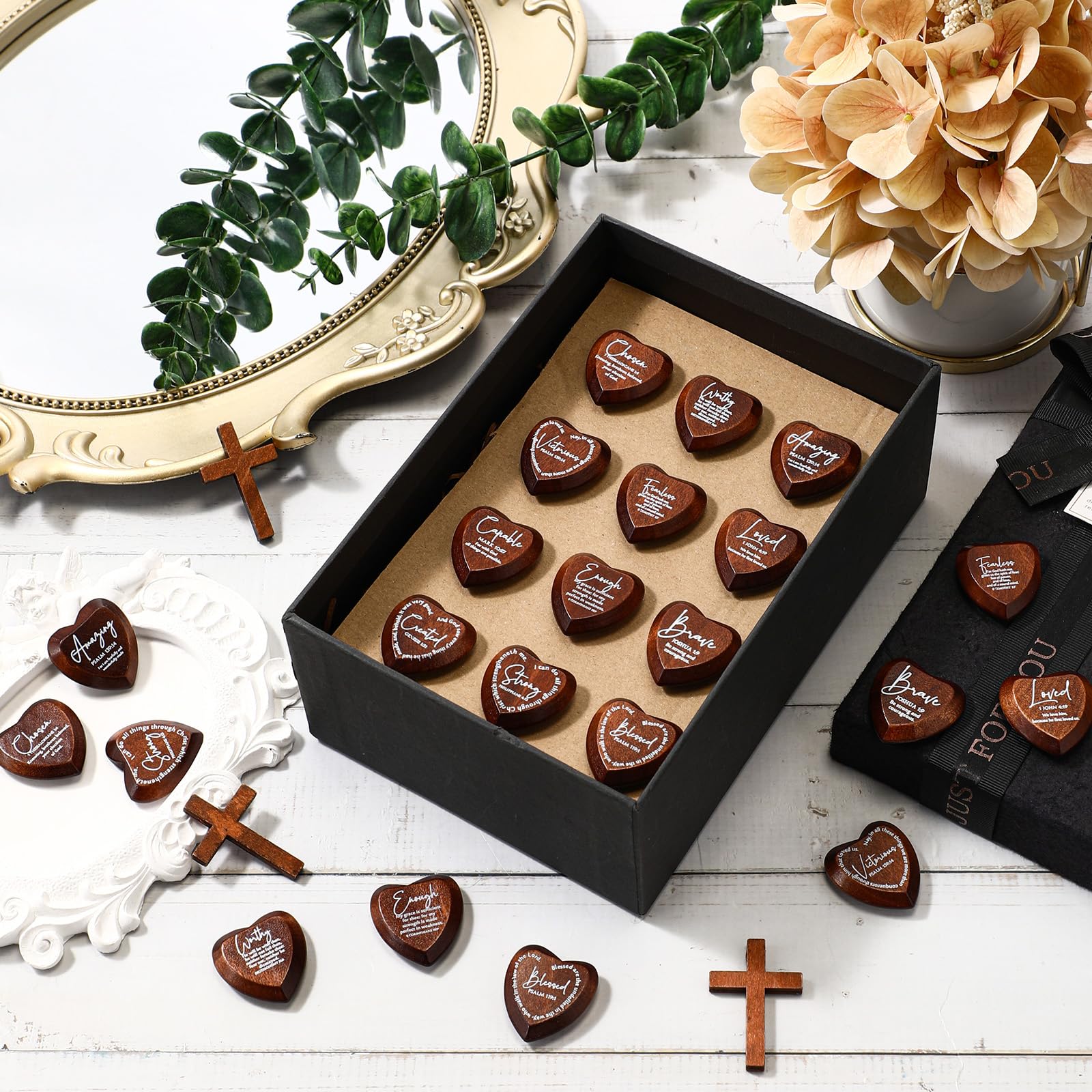 Geelin 24-Pack Inspirational Wooden Heart Tokens with Bible Verses – Pocket-Sized Faith Reminders for Gifting