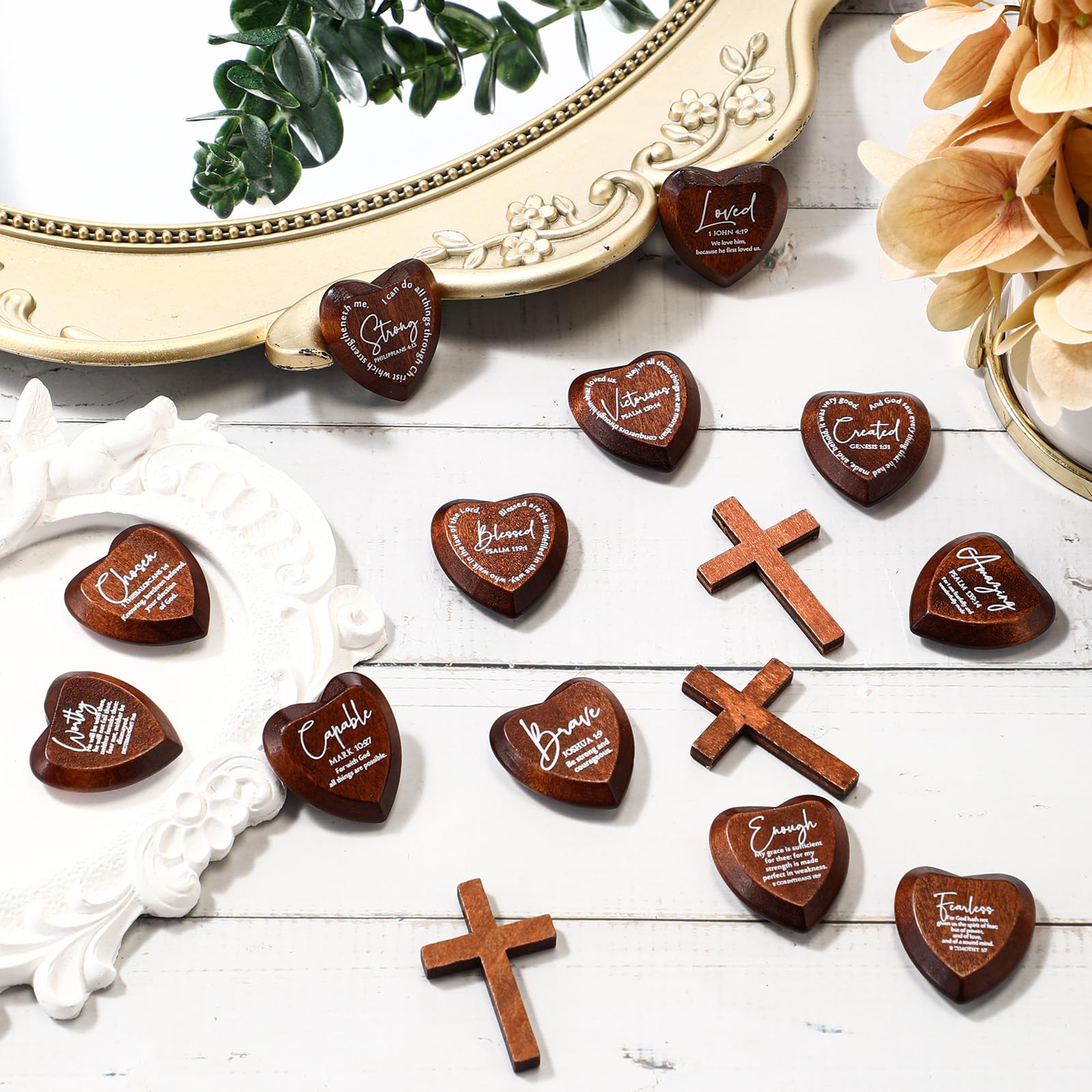 Geelin 24-Pack Inspirational Wooden Heart Tokens with Bible Verses – Pocket-Sized Faith Reminders for Gifting