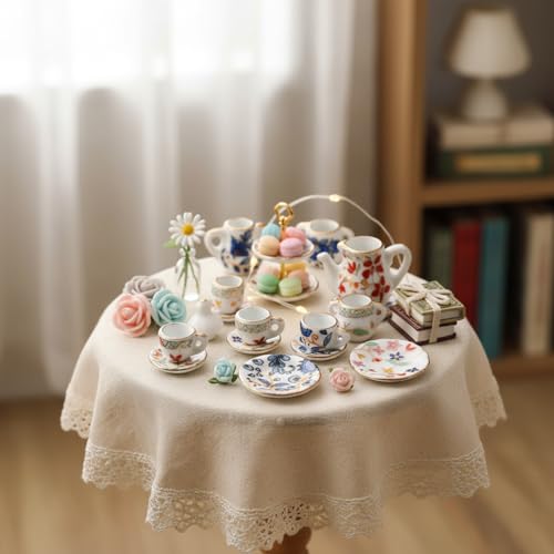 Geiserailie 30-Piece 1:12 Dollhouse Miniature Porcelain Tea Set, 2 Sets with Floral Pattern & Gold Trim, Teapot, Cups, Saucers & More