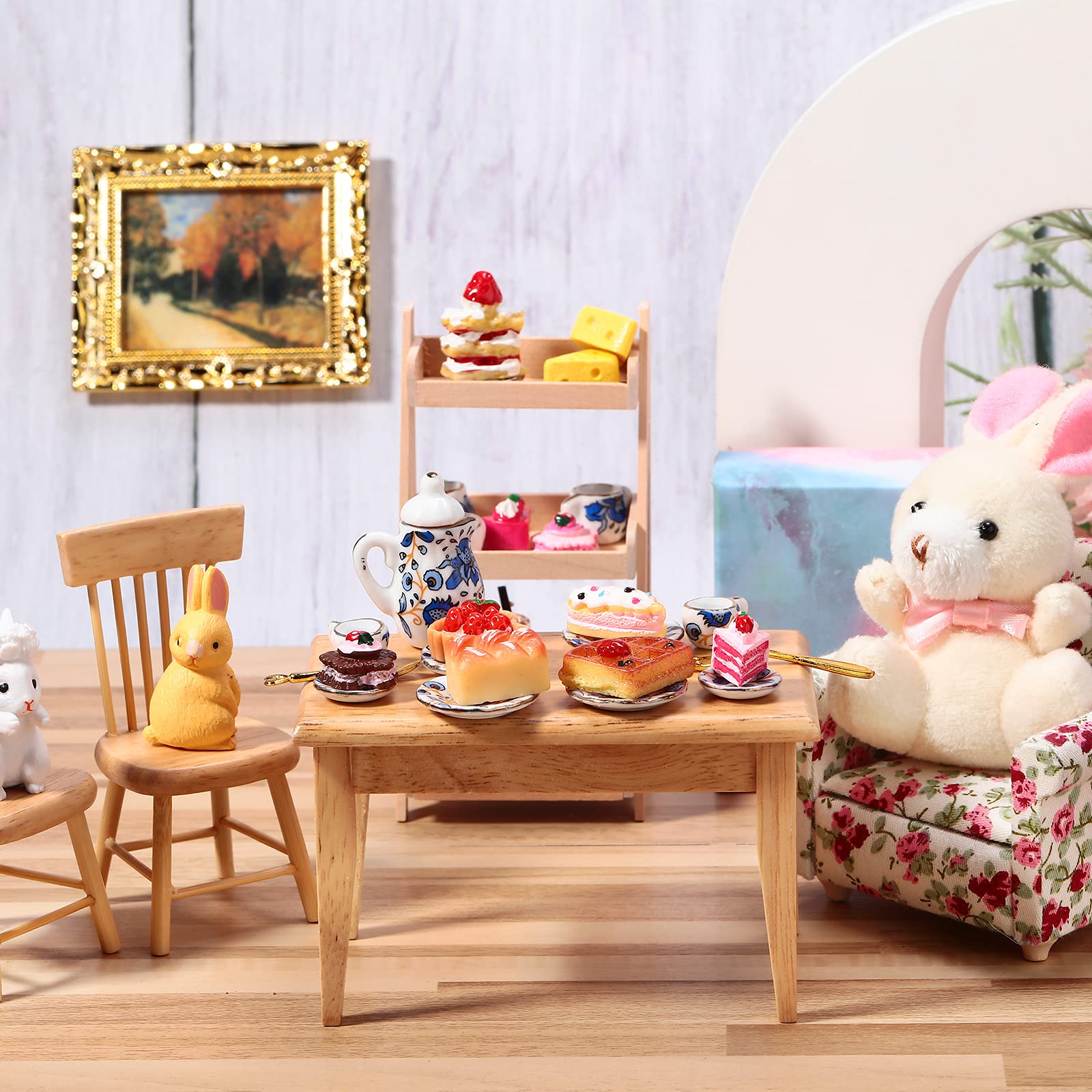 Geiserailie 30-Piece 1:12 Dollhouse Miniature Porcelain Tea Set, 2 Sets with Floral Pattern & Gold Trim, Teapot, Cups, Saucers & More