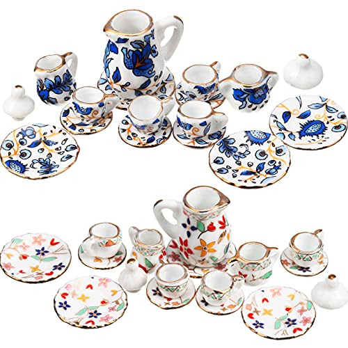 Geiserailie 30-Piece 1:12 Dollhouse Miniature Porcelain Tea Set, 2 Sets with Floral Pattern & Gold Trim, Teapot, Cups, Saucers & More