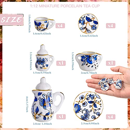 Geiserailie 30-Piece 1:12 Dollhouse Miniature Porcelain Tea Set, 2 Sets with Floral Pattern & Gold Trim, Teapot, Cups, Saucers & More