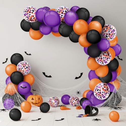 Gejoy 129-Piece Halloween Balloon Arch Garland Kit – Black, Orange & Purple Latex Balloons with Confetti