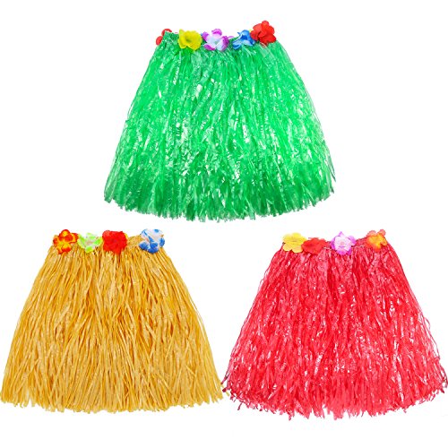 Gejoy 3-Piece Hula Skirt Set with Flower Leis for Luau Parties (Red, Green, Straw)