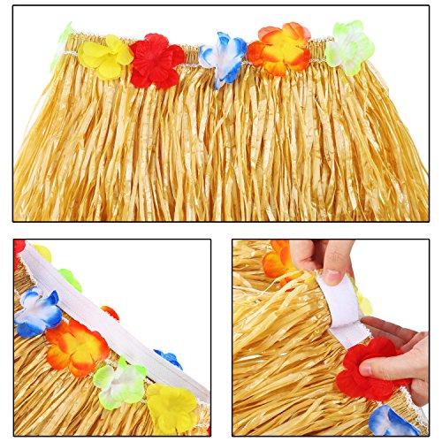 Gejoy 3-Piece Hula Skirt Set with Flower Leis for Luau Parties (Red, Green, Straw)