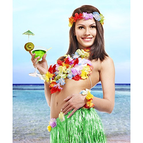 Gejoy 3-Piece Hula Skirt Set with Flower Leis for Luau Parties (Red, Green, Straw)