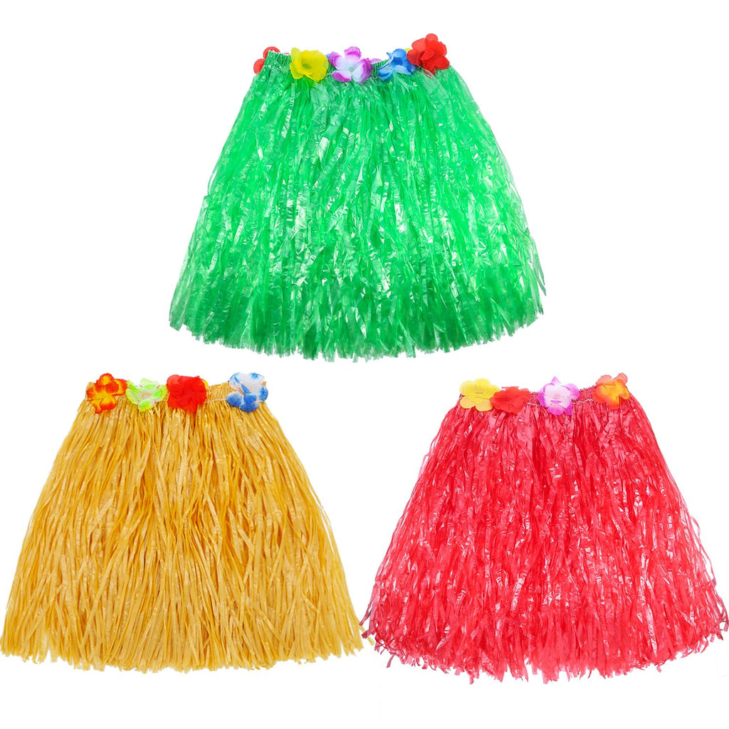Gejoy 3-Piece Hula Skirt Set with Flower Leis for Luau Parties (Red, Green, Straw)