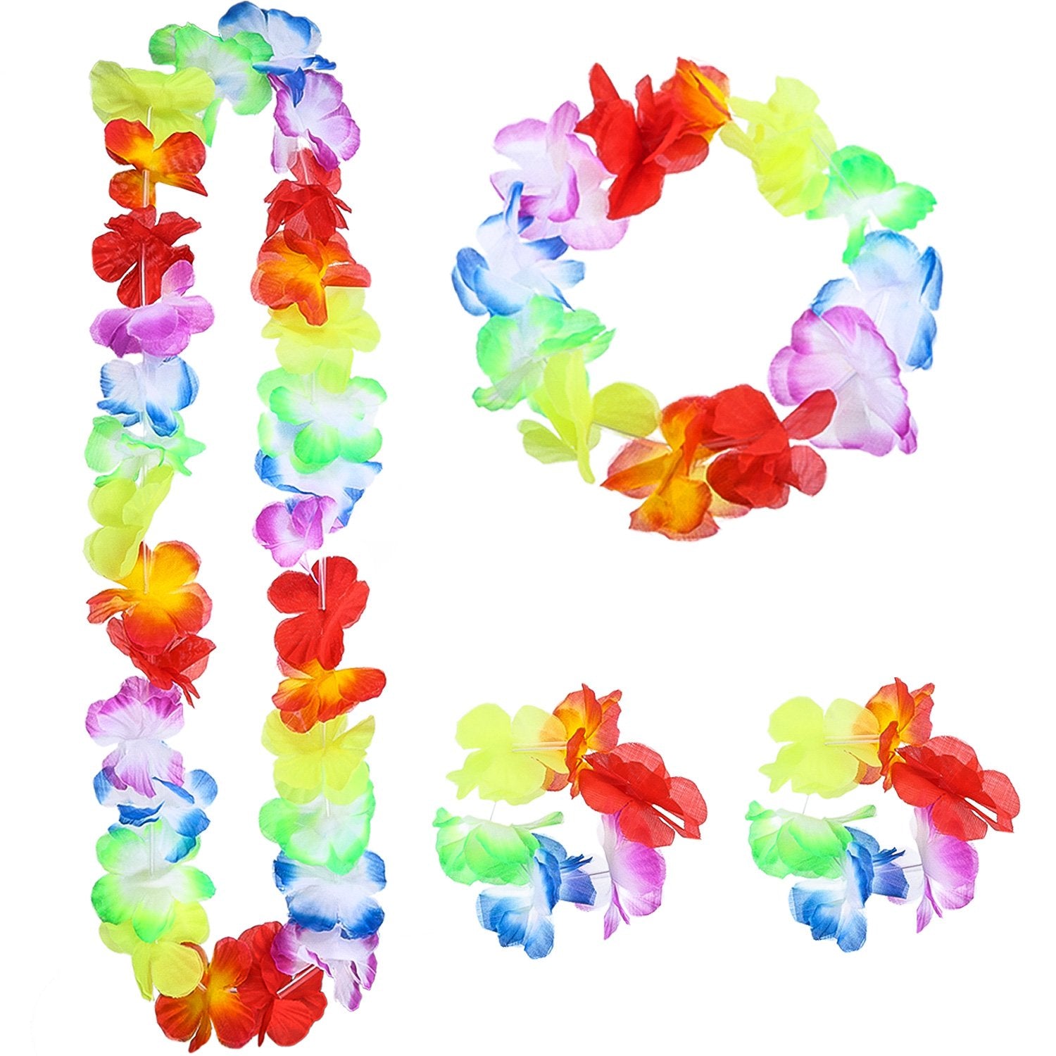 Gejoy 3-Piece Hula Skirt Set with Flower Leis for Luau Parties (Red, Green, Straw)
