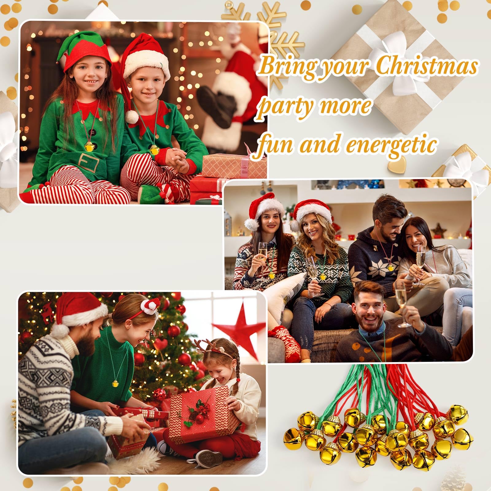 Gejoy Jingle Bell Necklace Bulk Set – 24 Red & Green Christmas Bell Necklaces for Kids, Party Favors & Decor