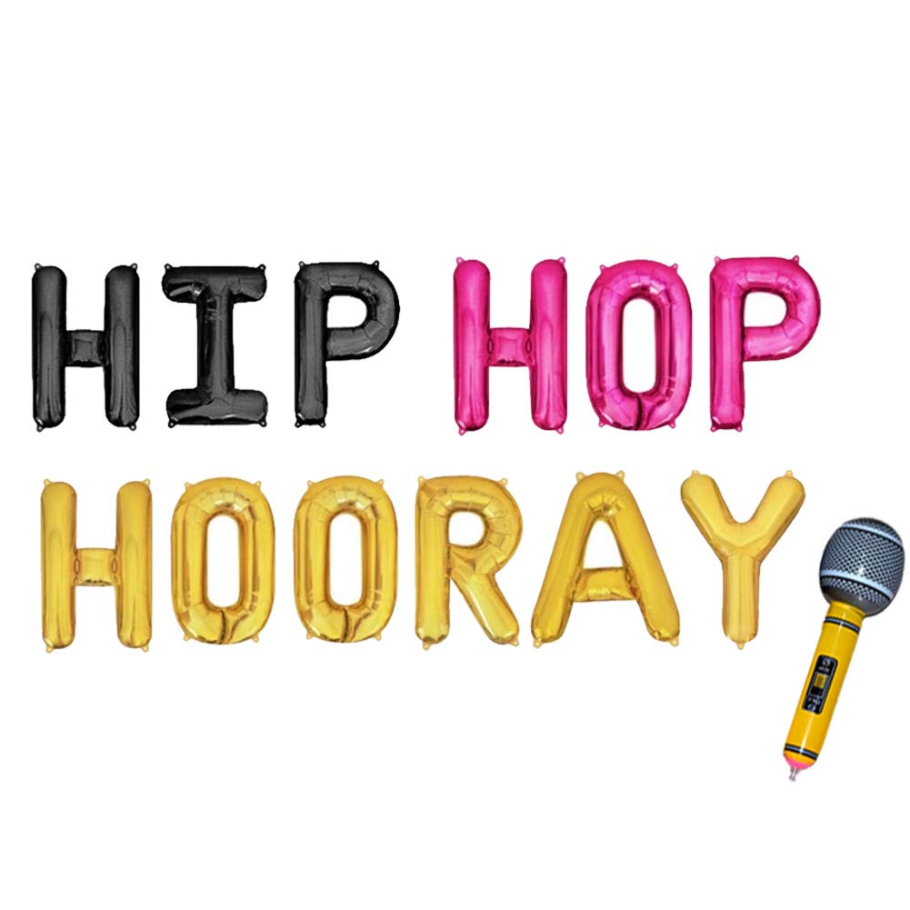 Geloar Hip Hop Hooray Balloons Banner Set - 16-Inch Gold Mylar Foil Decorations for Birthday, Graduation, Baby Shower & More