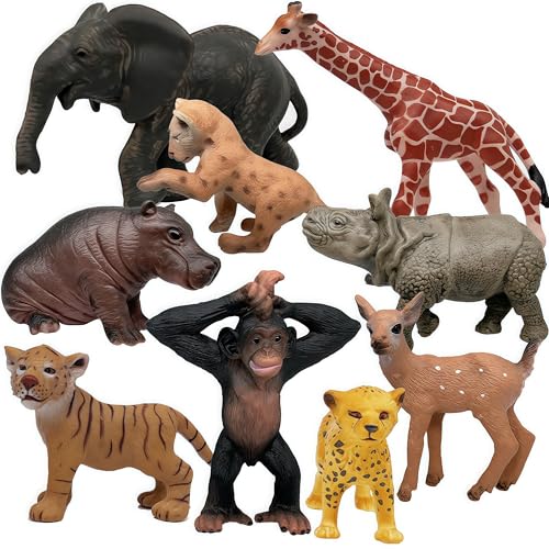 Gemini&Genius 9Pcs Wild Animal Figures Set - Realistic Plastic Jungle Animal Toys for Kids, Cake Toppers