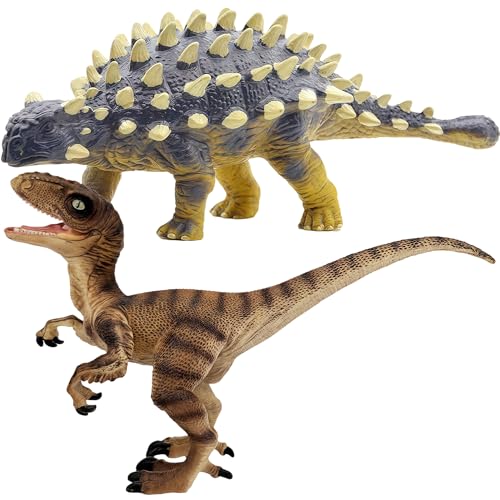 Gemini&Genius Ankylosaurus and Velociraptor Dinosaur Toys – Realistic Hand-Painted Moving Jaw Action Figures for Kids