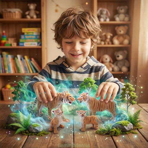 Gemini&Genius Tiger Family Figurines Set – Hand-Painted Wildlife Models for Play, Education & Cake Toppers