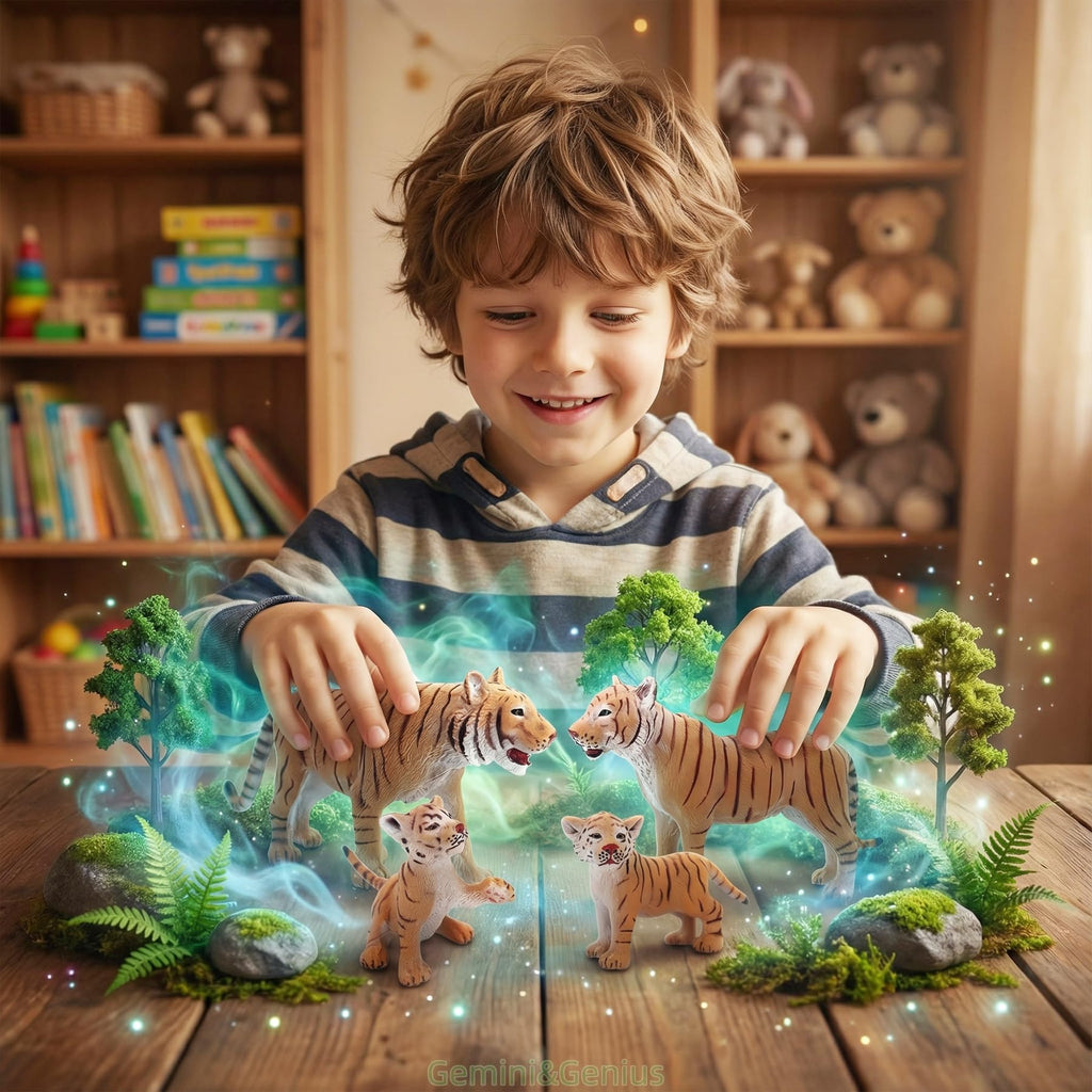 Gemini&Genius Tiger Family Figurines Set – Hand-Painted Wildlife Models for Play, Education & Cake Toppers
