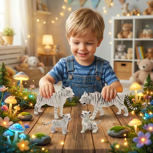 Gemini&Genius White Tiger Family Set with Cub – Realistic Safari Animal Figurines, Educational Toy for Kids