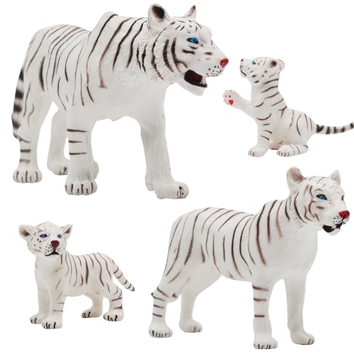 Gemini&Genius White Tiger Family Set with Cub – Realistic Safari Animal Figurines, Educational Toy for Kids