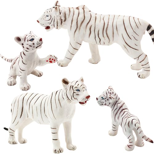 Gemini&Genius White Tiger Family Set with Cub – Realistic Safari Animal Figurines, Educational Toy for Kids