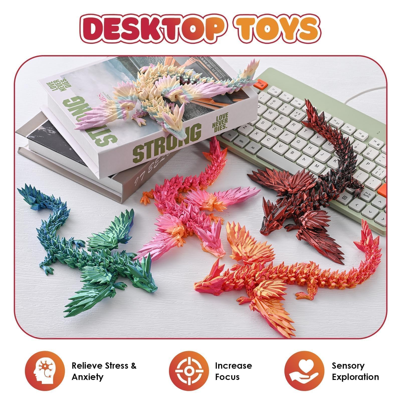 GemmiCho 11-Inch 3D Printed Dragon with Poseable Wings and Joints – Detailed Desktop Collectible for Stress Relief