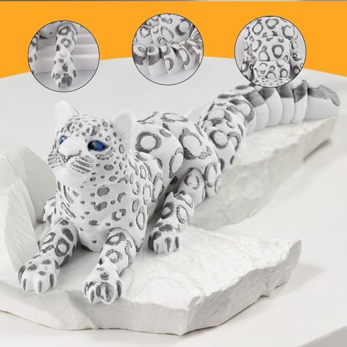 GemmiCho 3D Printed Snow Leopard Figurine - 8.3" Flexible Articulated Toy for Stress Relief and Desk Decor