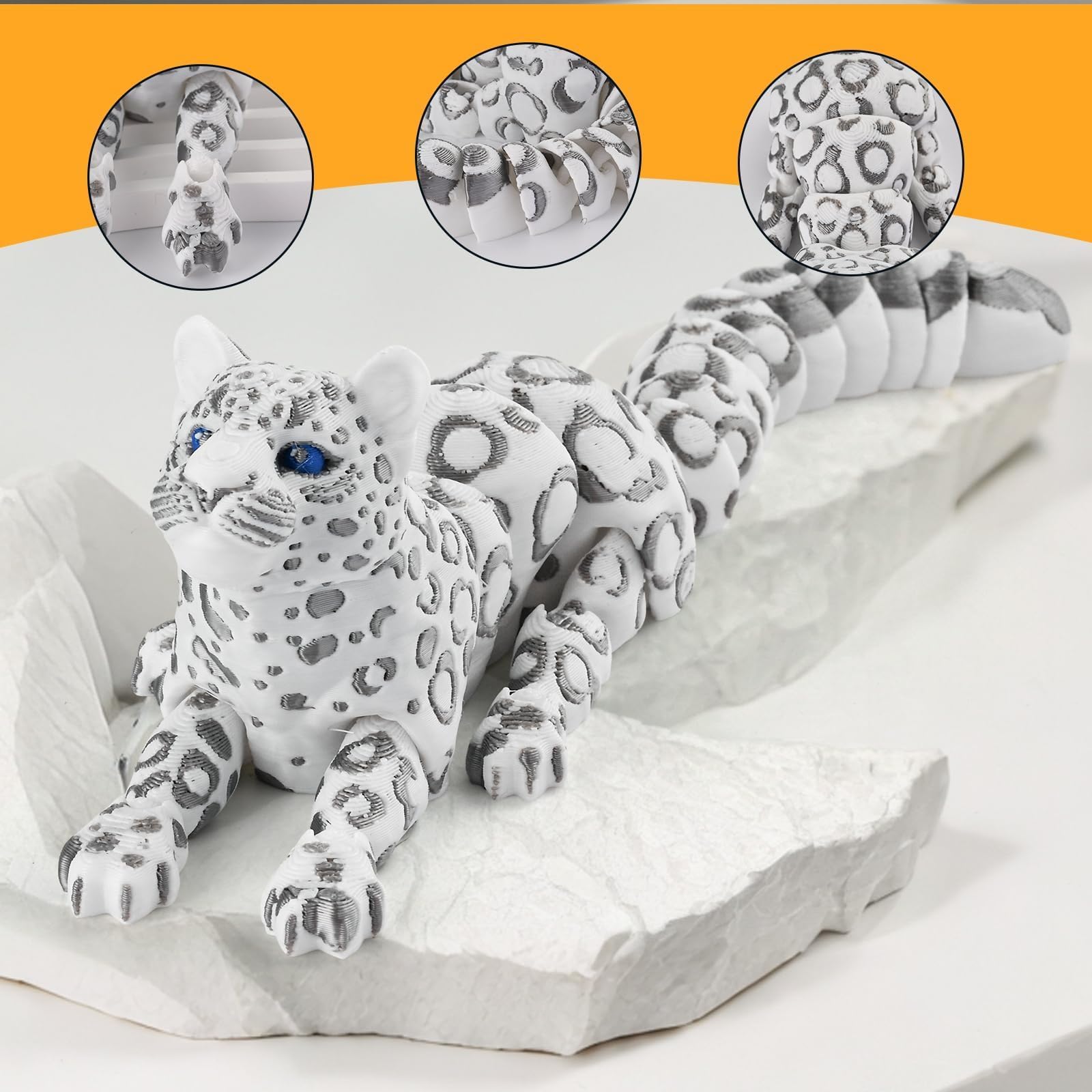 GemmiCho 3D Printed Snow Leopard Figurine - 8.3" Flexible Articulated Toy for Stress Relief and Desk Decor