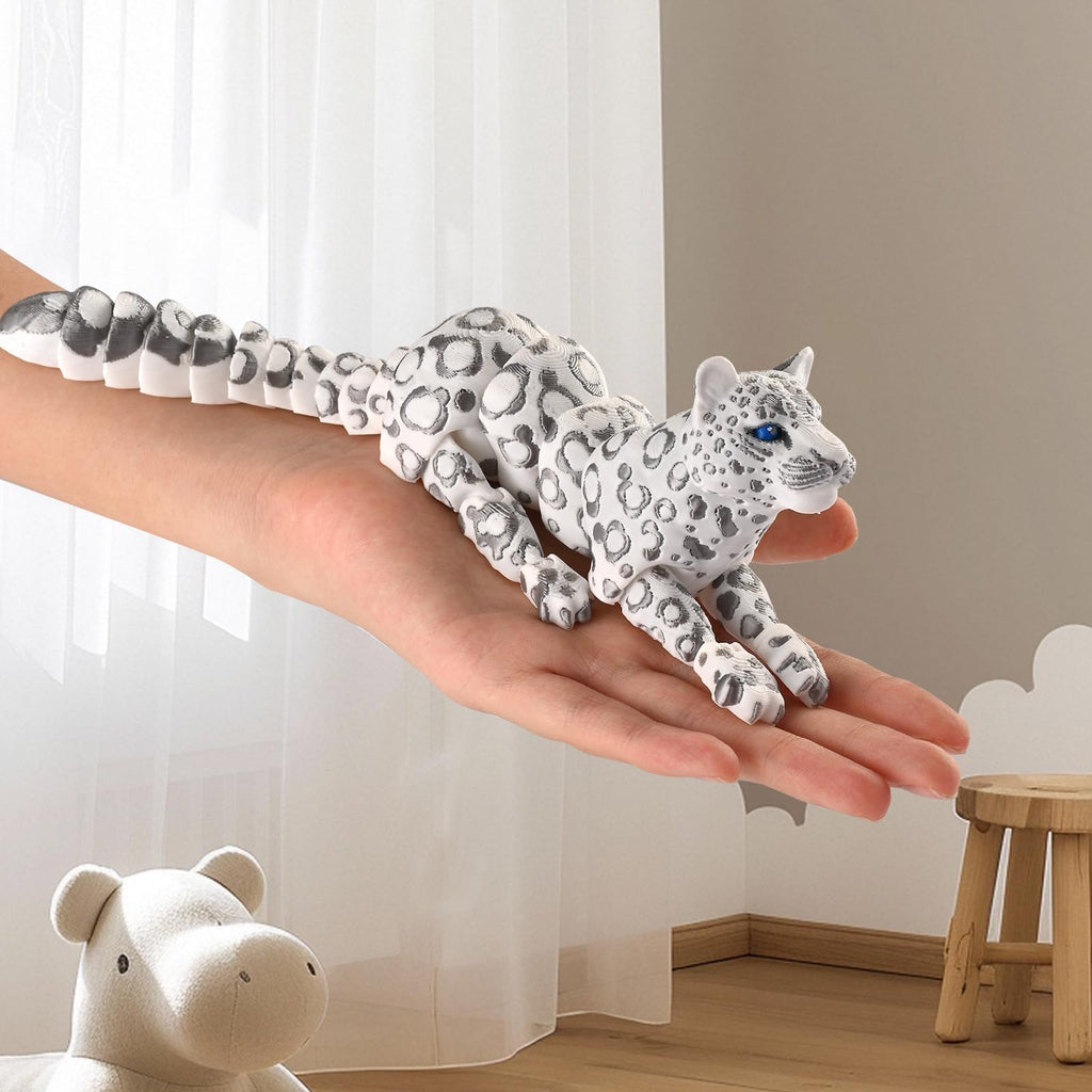 GemmiCho 3D Printed Snow Leopard Figurine - 8.3" Flexible Articulated Toy for Stress Relief and Desk Decor