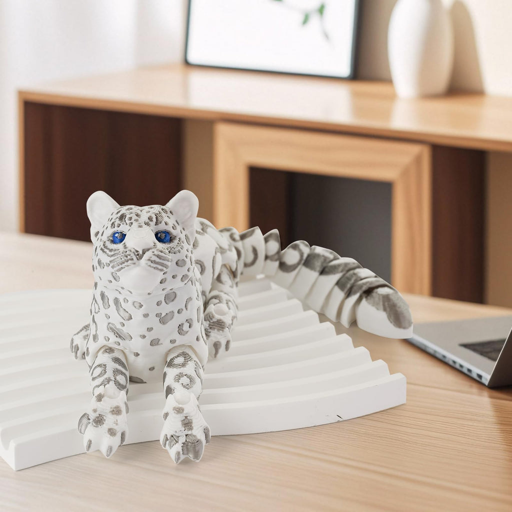GemmiCho 3D Printed Snow Leopard Figurine - 8.3" Flexible Articulated Toy for Stress Relief and Desk Decor