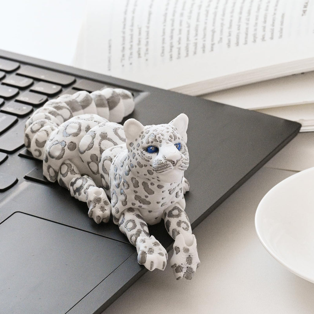 GemmiCho 3D Printed Snow Leopard Figurine - 8.3" Flexible Articulated Toy for Stress Relief and Desk Decor