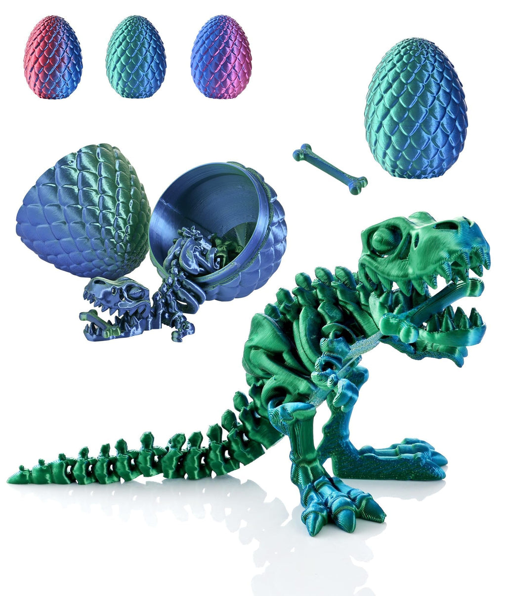 GemmiCho 3D Printed T-Rex Dinosaur with Egg - Dark Green Articulated Fidget Toy for Stress Relief (Ages 15+)