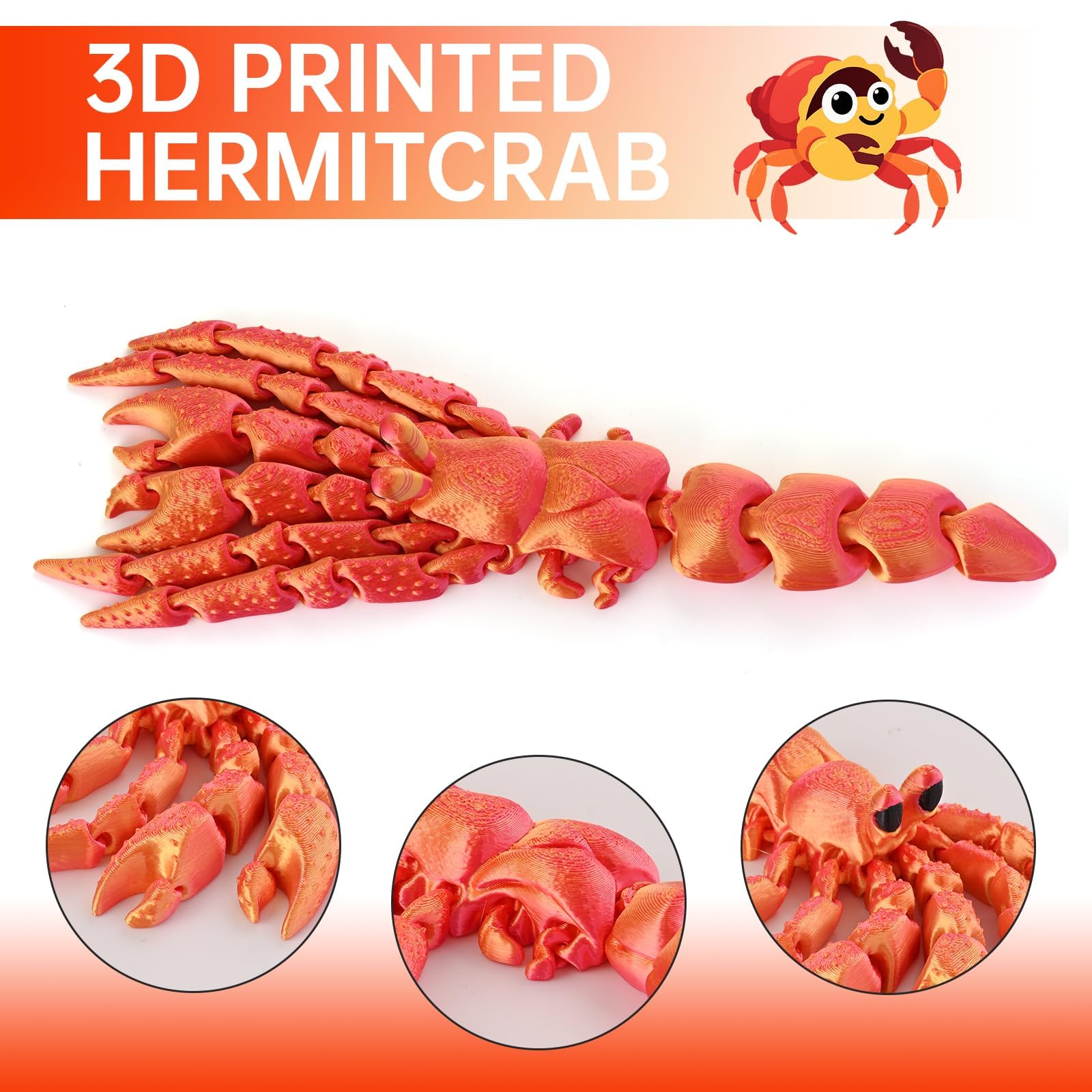 GemmiCho 7.8" 3D Printed Hermit Crab Figurine with Articulated Joints and Shell – Red