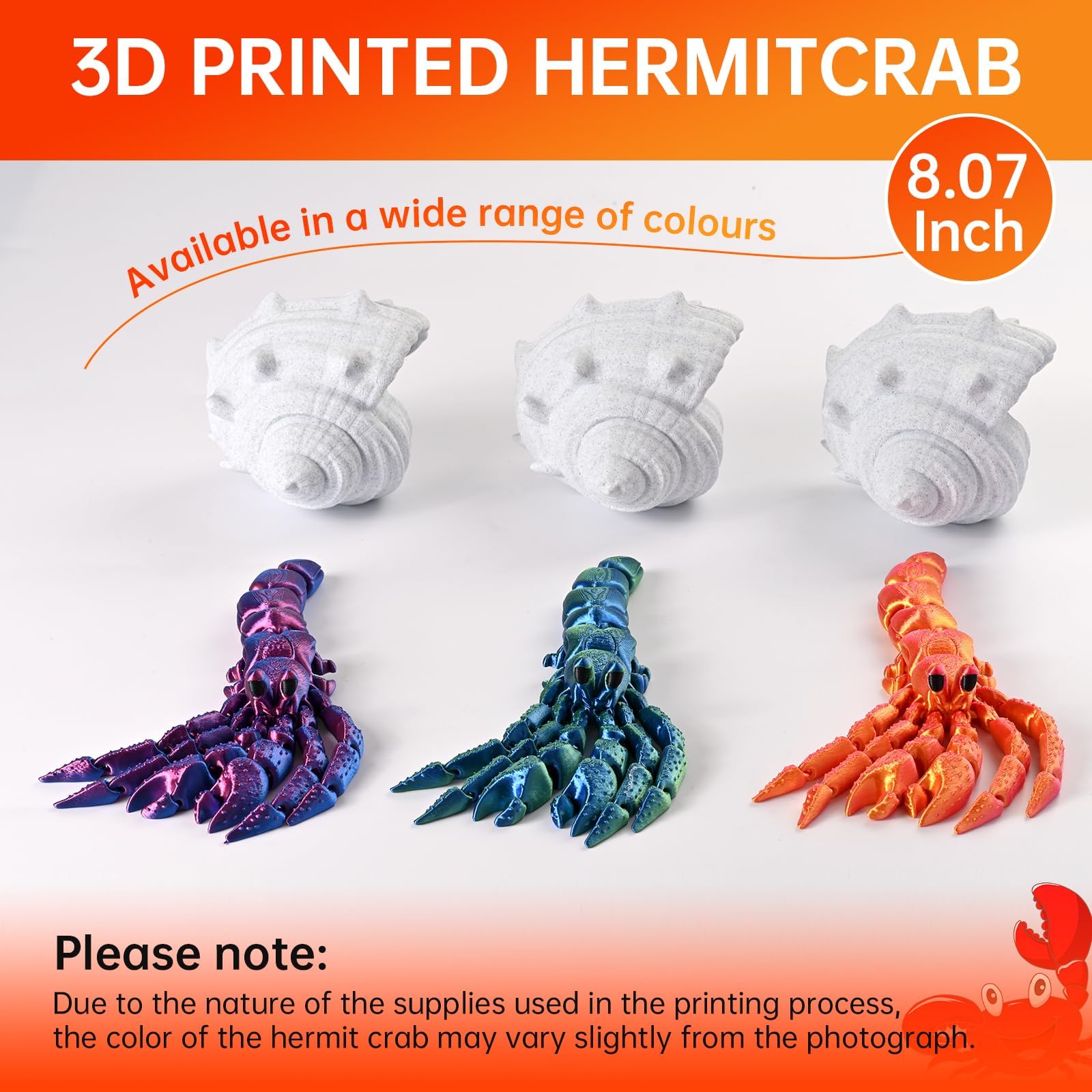 GemmiCho 7.8" 3D Printed Hermit Crab Figurine with Articulated Joints and Shell – Red
