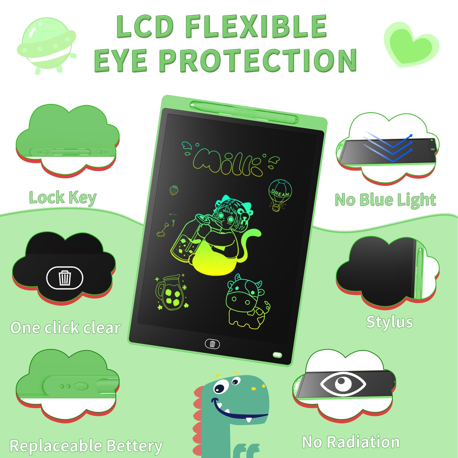 Genialba LCD Writing Tablet 2-Pack: 12-Inch Colorful Doodle Board for Kids Ages 3-8 (Blue & Green)