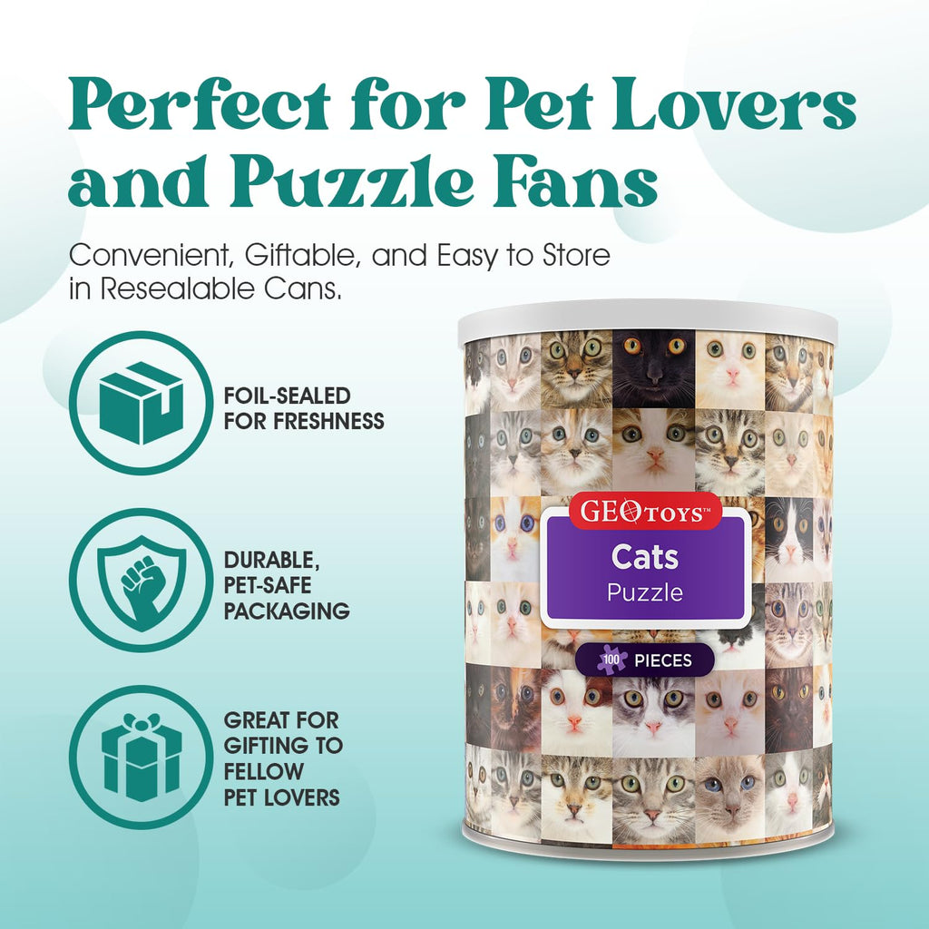 Geotoys 100-Piece Cat Jigsaw Puzzle in Travel Can - 13" x 10" Finished Size, Ages 7+