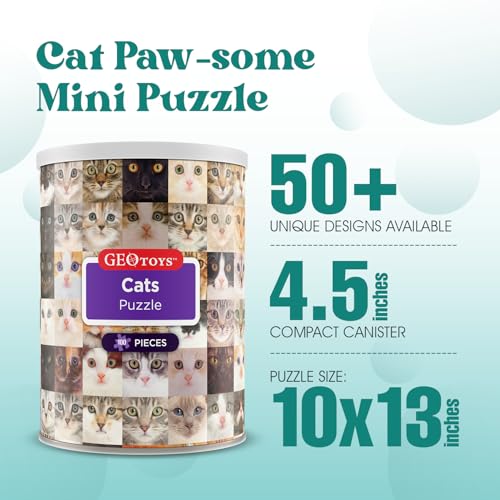 Geotoys 100-Piece Cat Jigsaw Puzzle in Travel Can - 13" x 10" Finished Size, Ages 7+